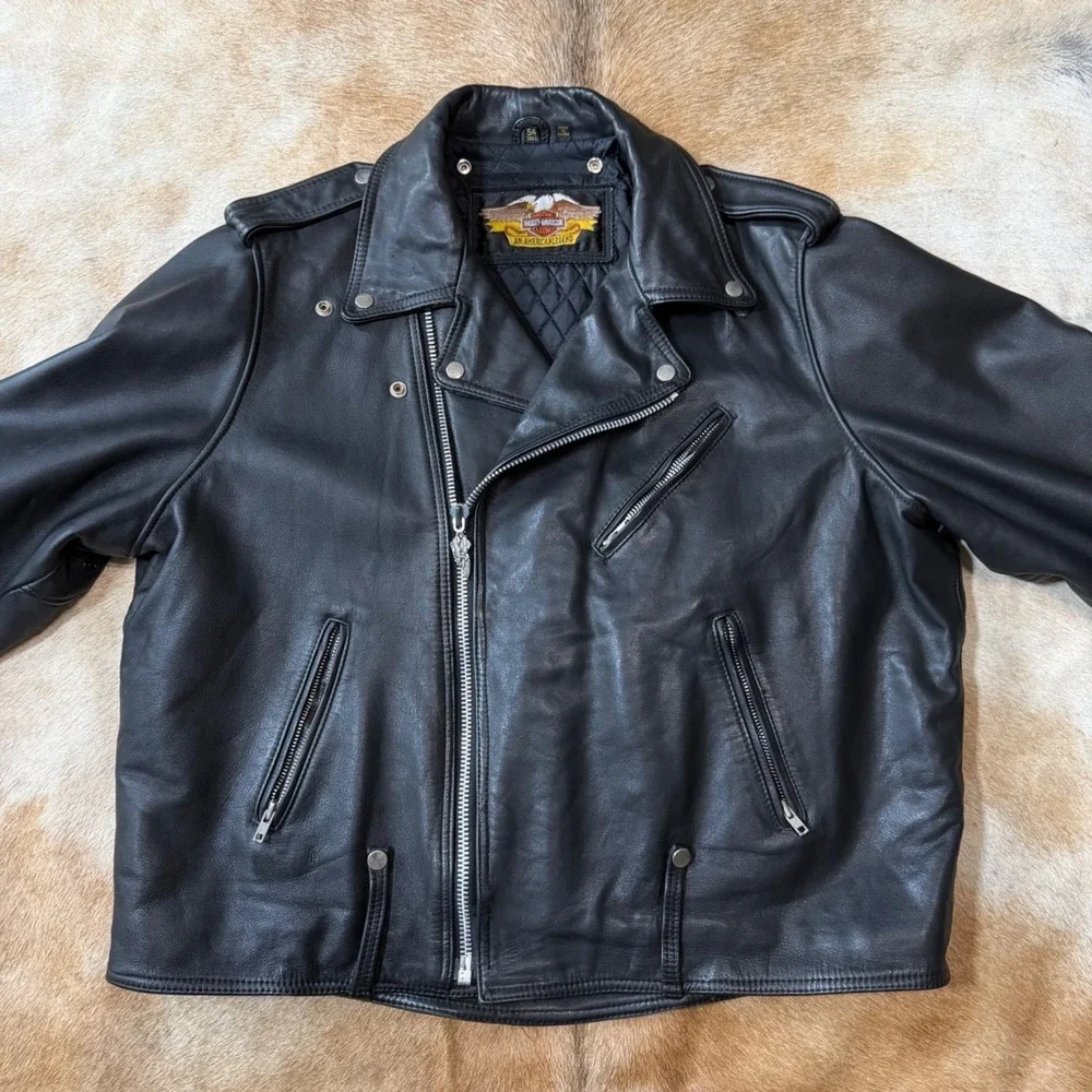 VTG Harley Davidson Leather Biker Jacket 54 Tall Mens Black Double Rider Quilted